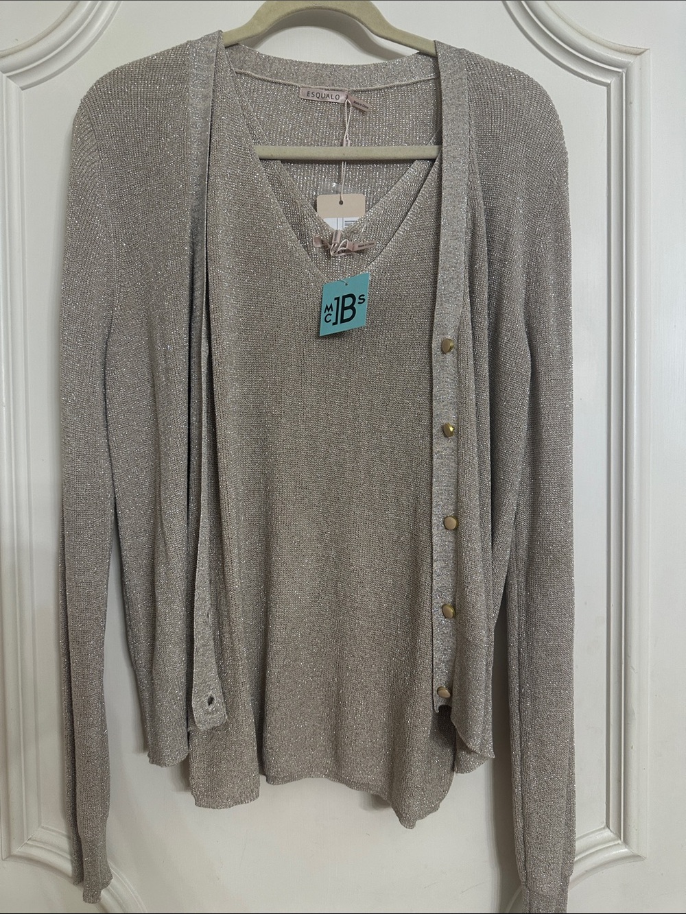 ESQUALO Metallic Taupe V-Neck Sweater and Button Cardigan Set